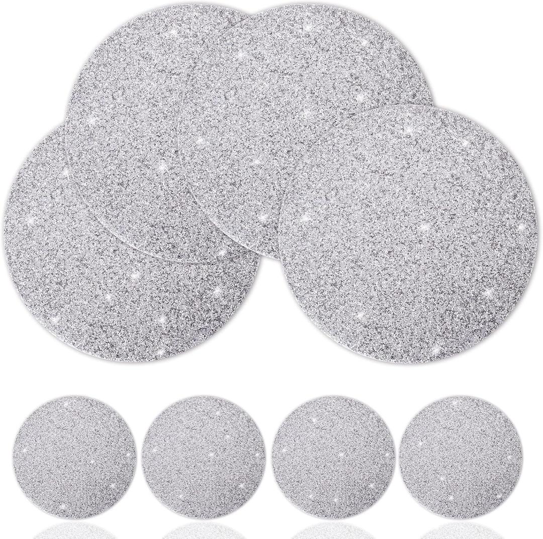 Silver Set of 4 Round Placemats & 4 Pieces Coasters Set Washable Heat Resistant Table Mats for Halloween Fall Christmas Kitchen Dining Table Sparkle Decoration Rhinestone Placemat (15 Inches)