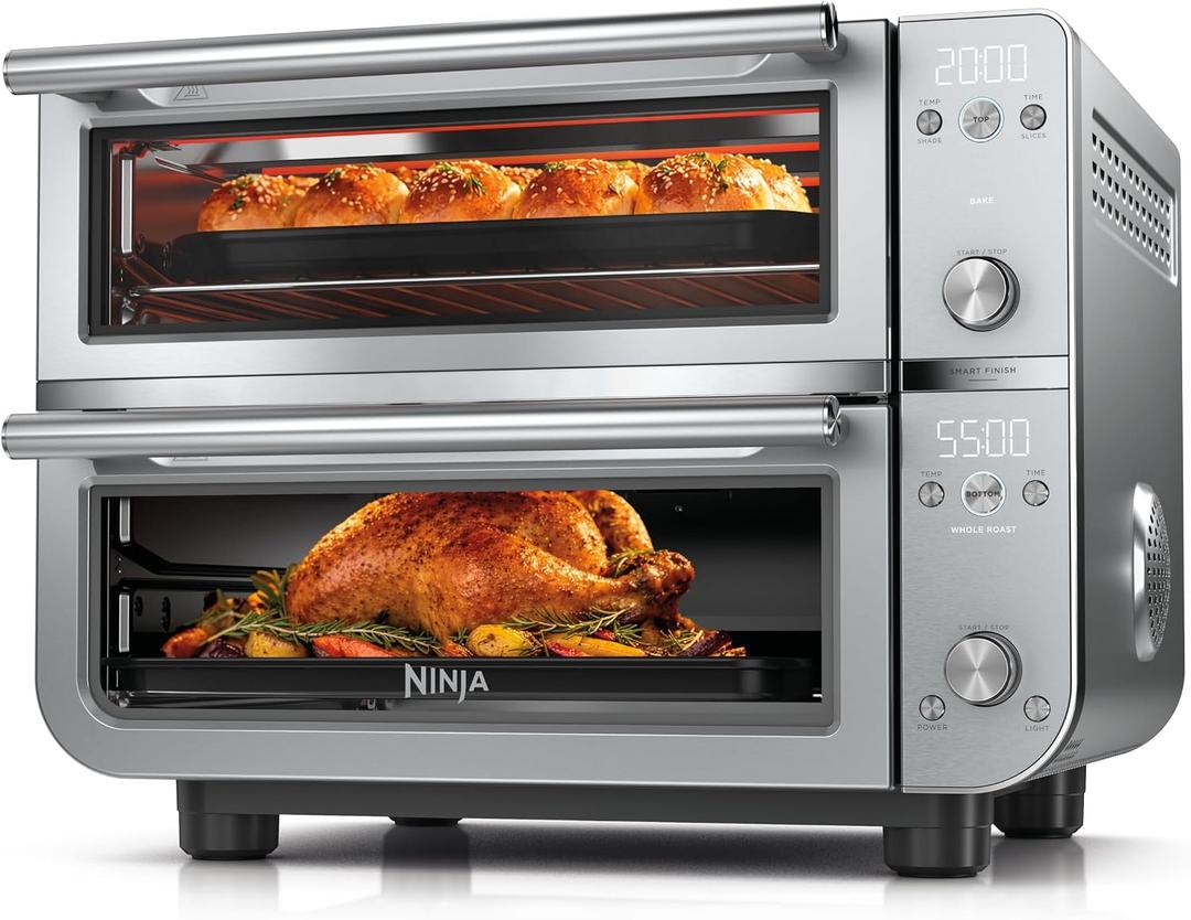 Ninja Double Oven Pro Smart XL Countertop Oven & Air Fryer | 30.2 Qt Capacity |12-in-1 Versatility with Smart Finish & DualZone Tech to Cook 2 Meals at Once | Fit up to 4.5lb Chicken | Silver | DCT821, 18.7 in L x 17.2 in W x 14 H