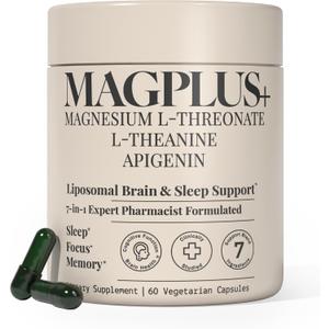 MAGPLUS+ Magnesium L-Threonate w. Apigenin & L Theanine, 1500mg 7-Ingredient Sleep Blend - Brain & Memory Support - Liposomal Magnesium Threonate Supplement - Capsules Supports Health, Rest & Mood 04/2028