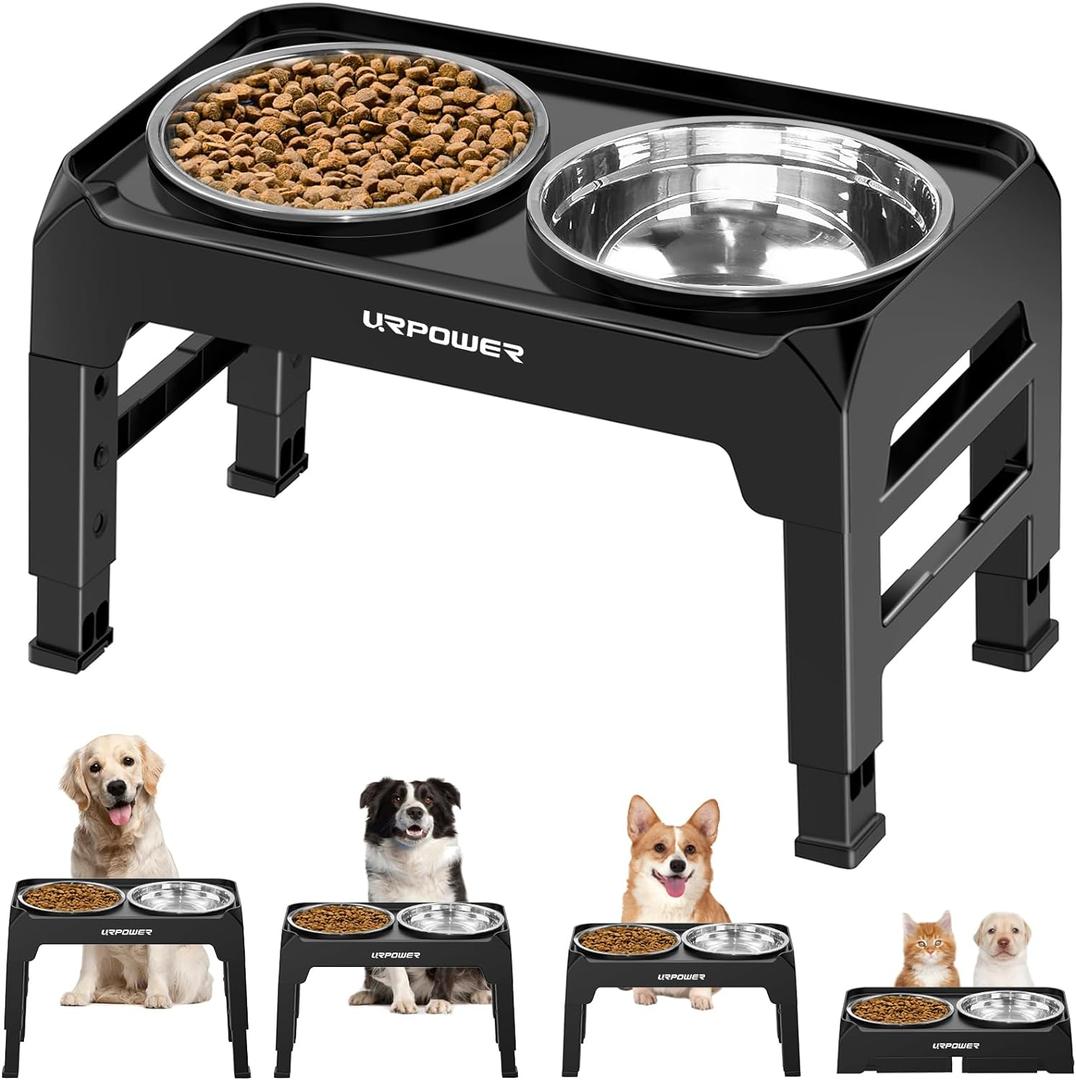 URPOWER 4 Height Adjustable Elevated Dog Bowls - 50oz Large Capacity Stainless Steel Bowls, No-Spill Edge, Non-Slip Stand for Small, Medium, Large Dogs & Pets