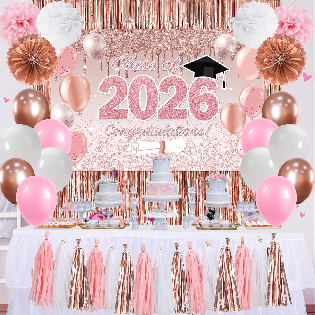 Pink Graduation Decorations Class of 2026, Rose Gold 2026 Graduation Party Decorations, Class of 2026 Paper Pompoms Paper Tassels Backdrop and Balloons for Class of 2026 Party Supplies