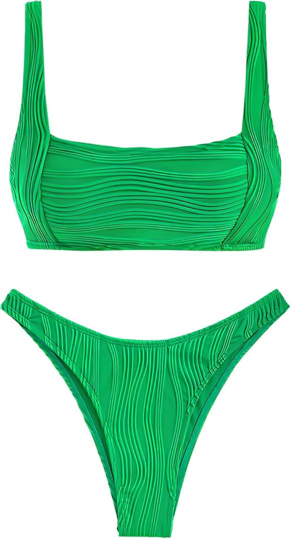 ZAFUL Women Strapless High Cut Bandeau Bikini Lace Up 2 Pieces Swimwear (Medium, 10-deep Green)