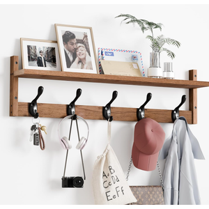 Osivaex 29'' Coat Rack Wall Mount with Shelf, Wood Wall Hooks with Storage, Entryway Shelf with 5 Hangers for Bathroom, Living Room, Bedroom, Rustic Brown