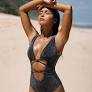BERLOOK Women's Sexy Lurex CutoutFront High Cut OnePiece Swimsuit Black, Medium