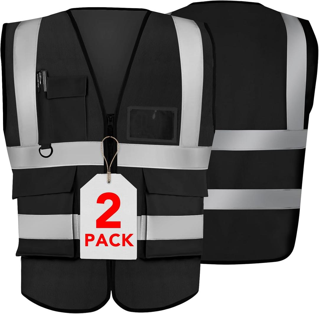 XPCARE 2-Pack Reflective Safety Vests with Pockets,Hi Viz Zipper Front Safety Vest,High Visibility Reflective Strips Working Vest-Black(XX-Large)