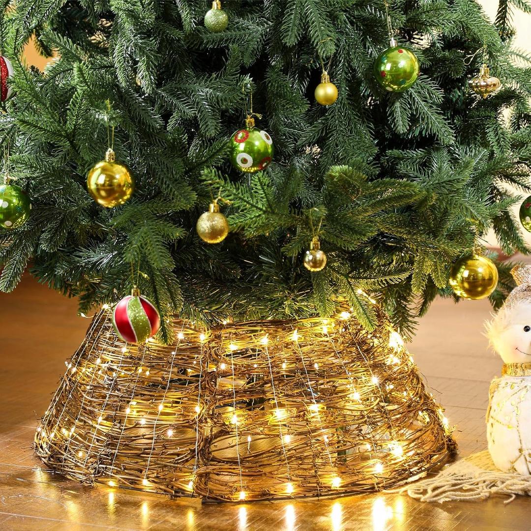 24 Inch Christmas Tree Collar for 7.5 ft Artificial Trees LED Lighted Vine Tree Skirt Woven Rattan Trees Base Cover Basket Rustic Farmhouse Holiday Xmas Decoration