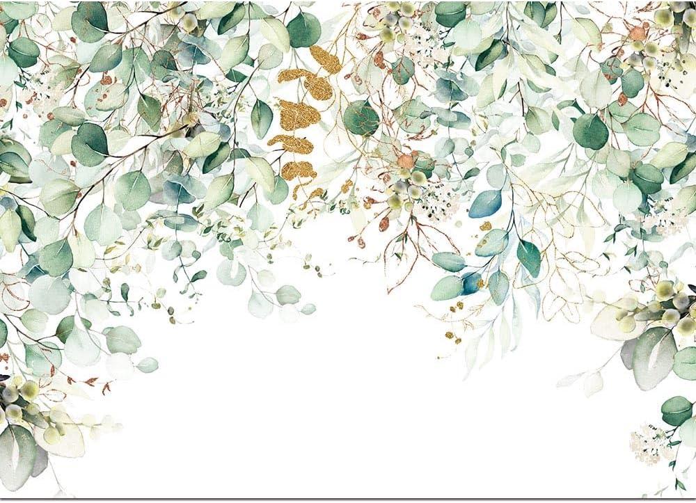 Gold and Green Eucalyptus Leaves Photography Background Spring Still Life Grass Leaf Background Prom Group Photo Backdrops for Wedding Baby Shower Birthday Party Decor Banner 8X6ft
