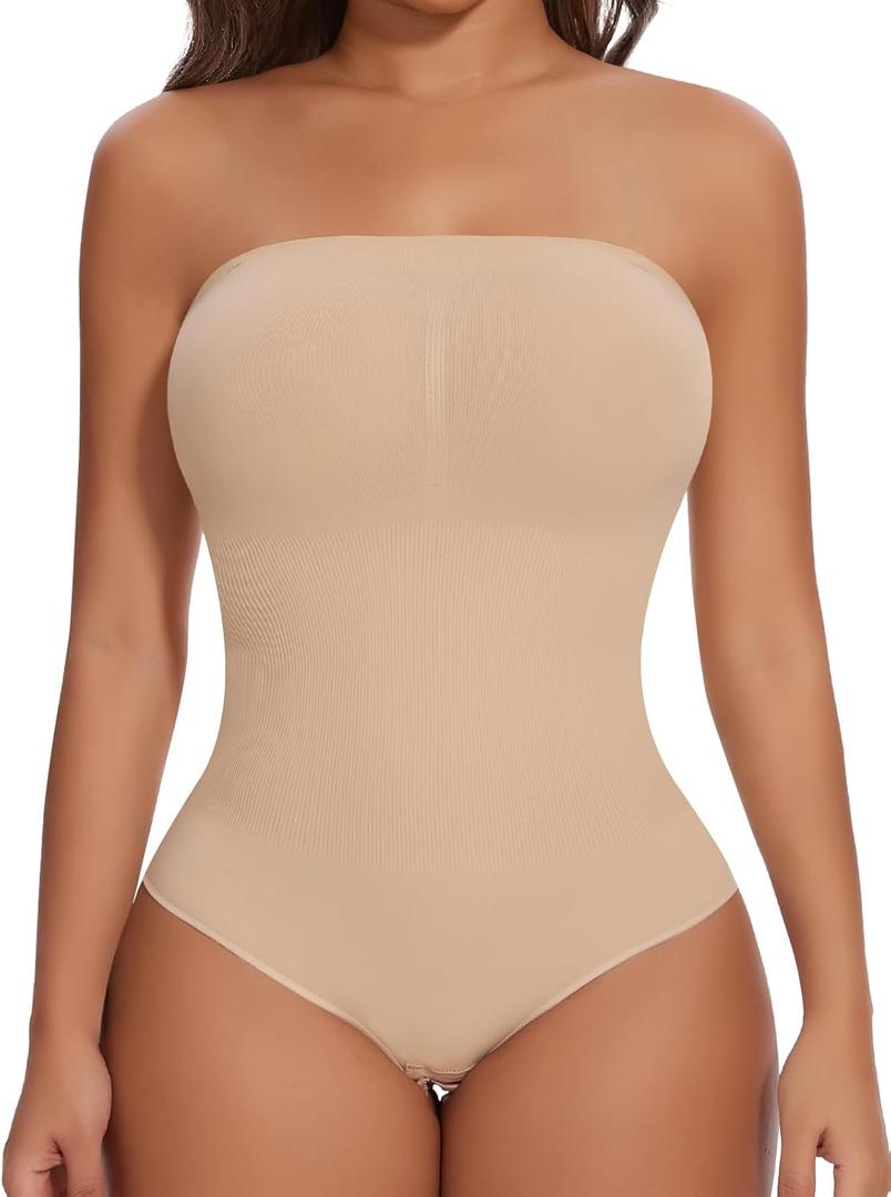 SHAPERIN Strapless Bodysuit with Bras Tummy Control Shapewear Shaper Tube Tops Body Suit One Piece Leotard (Small, Brief-nude)
