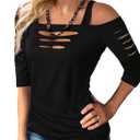Sexy Cut Out Cold Off Shoulder Tops for Women T-Shirt Distressed Half Sleeve Square Neck Blouse Summer Rock Tee (Large, Black)