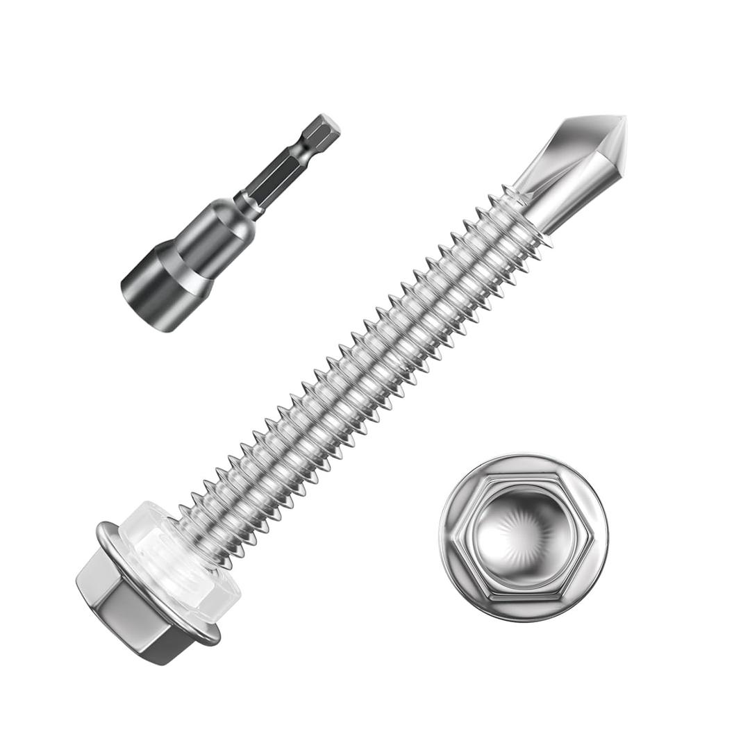 (200Pcs) #121-1/2" Hex Washer Head Self Drilling Screws, 410 Stainless Steel Metal SheetScrewsTEK Screws, Sheet Metal Self Tapping Screws (Silver)