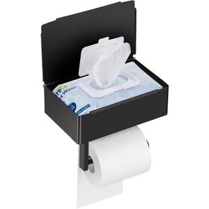 Toilet Paper Holder with Shelf,Flushable Wet Wipes Dispenser for Bathroom,Toilet Paper Holder with Storage, Stainless Steel Wall Mount -Self Adhesive or Drilling (Large,Black)