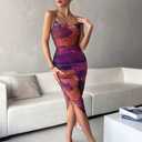 LIGHT DOT Women's Spaghetti Strap Printed Bodycon Ruched Midi Cocktail Dress Sexy Cowl Neck Tie Dye (Purple Orange,M)