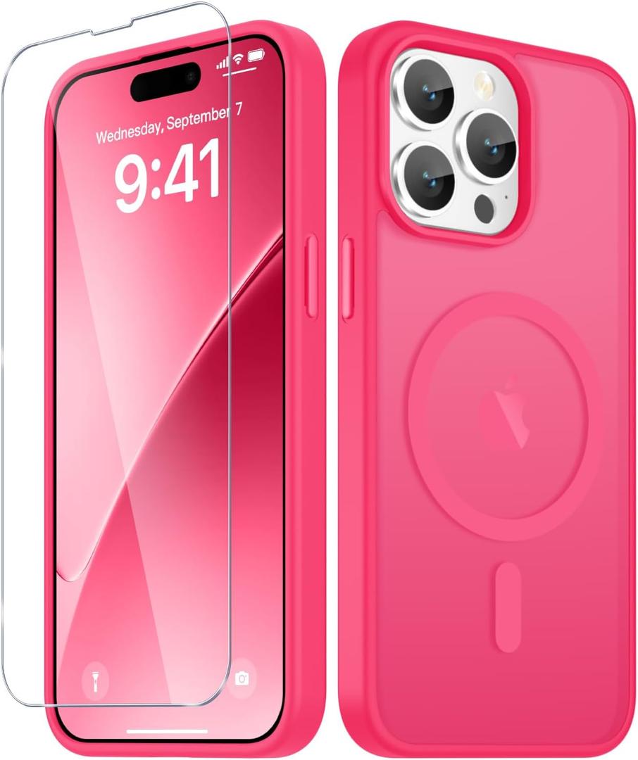 YENAPOON for iPhone 15 Pro Max Case, Matte Magnetic Phone Cover With 1 Screen Protector Support for MagSafe Shockproof Military Grade Protection Translucent Frosted Back, Pink