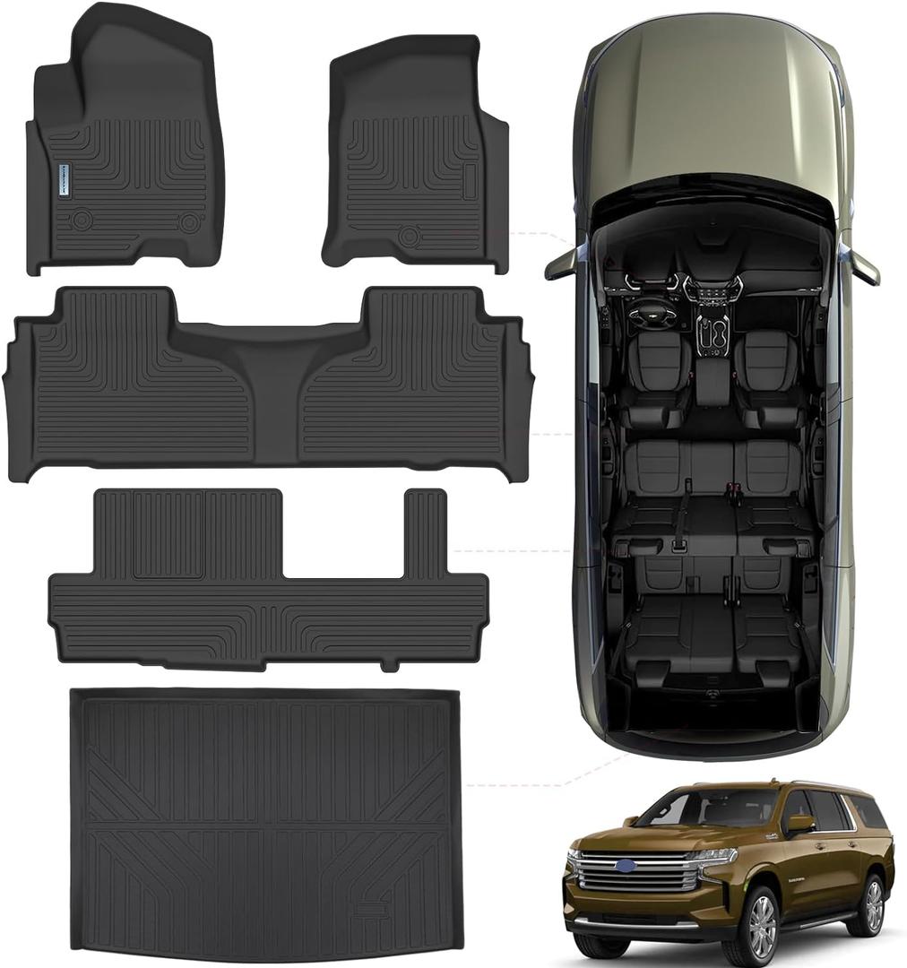 SANBAN-AXE Floor Mats & Trunk mat for 2021-2024 2025 Chevrolet Suburban 8 Seats with 2nd Row Bench Seats（not fit 7 Seats）/GMC Yukon(Only Fit XL)，TPE Floor Liners & Trunk mat for Chevy Suburban