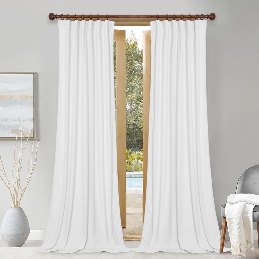 StangH White Velvet Curtains 96 inches Long for Living Room, Light Dimming Privacy Protect Sliding Door Covering for Nursery/Dining/Patio, W52 x L96, 2 Panels (White Series - Bleach White)