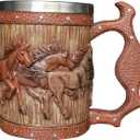 Wooden Barrel Beer Mug, 20oz Stainless Steel Horse Mug Coffee Cup Horses Gifts for Women Men Gift for Birthday Christmas, Gothic Decor Party Decoration Drinkware Gift