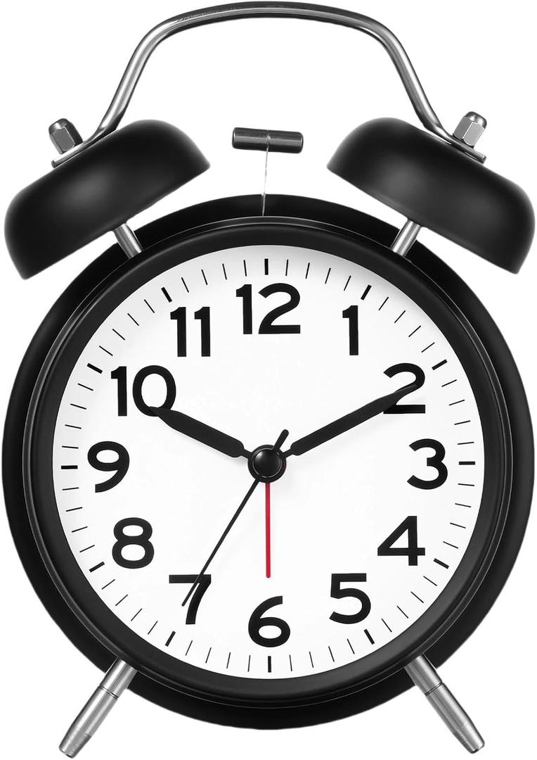 AKCISOT Loud Alarm Clock for Heavy Deep Sleepers, 4.5 Inches Analog Metal Twin Bell Clocks Battery Operated with Backlight for Bedroom Bseide, Old Fashioned for Desk Home Decoration (Black White)