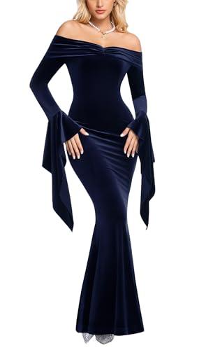 Women's Off The Shoulder Velvet Maxi Wedding Dress Long Bell Sleeve Mermaid Formal Evening Party Gown Fall Winter Spring for Wedding Guset,Wine Red.L