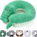 H HOMEWINS Travel Pillow for Kids,Cute Animal Neck Pillow for Boys Girls,Soft Neck Head Chin Support Pillow,Travel Accessories for Airplane, Car, Train,Recline (Crocodile)