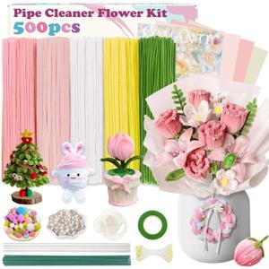 Erosign 500 Pcs All-in-One Pipe Cleaner Flower Making Kit - Complete DIY Craft Set for Kids & Adults | Includes Chenille Stems, Wires, Tape, Stamens, Ribbon, Beads, Pom Poms, Paper, Glue | (Pink)