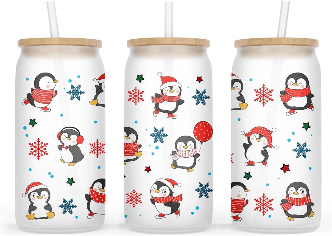 Cute Penguin Christmas Glass Cup - 16Oz Frosted Tumbler for Iced Coffee or Beer - Gift for Friend