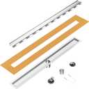 24 inch Linear Shower Drain with Tile Insert Grate Cover, Brushed 304 Stainless Steel Bonding Flange Linear Drain, Low Profile Linear Shower Drain with Hair Strainer