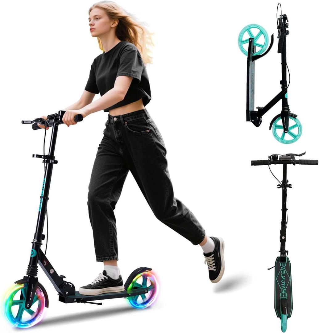 Kick Scooter for Kids Ages 8+ Teens & Adults, with Front handbrake and Rear Brake, and Adjustable Handlebars, Big Sturdy PU Flash Wheels Great Gift & Toy (Black)