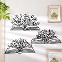 Honeydak 3 Pcs Reading Metal Book Flower Wall Art Decor Black Wall Hanging Decor Library Sign Silhouette Book Lovers Teacher Gift Wall Sculptures for Home Reading Room Living Room Bedroom Office