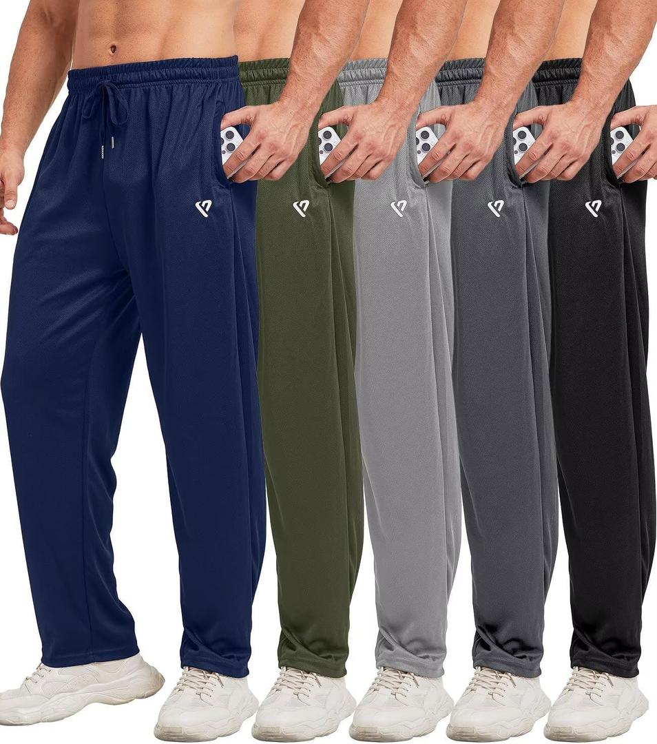 lomsoe 5 Pack Mens Sweatpants Open Bottom Joggers for Men with Zip Pockets Loose Fit Mesh Athletic Pants for Running,Casual (L)