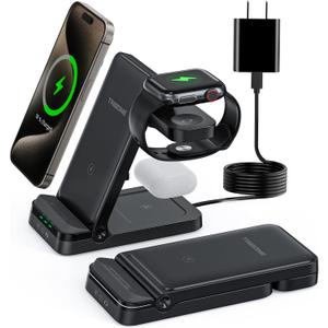 Wireless Charger, Tribone 3 in 1 Foldable Fast Charger for iPhone 17 16 15 14 13 12 11 Pro Max XR XS 8 Plus，for Apple Watch 10 9 8 7 6 5 4 3 2 SE Ultra,for AirPods Pro 4 3 2, Black