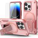 Asuwish Phone Case for iPhone 14 Pro 6.1 inch with Tempered Glass Screen Protector and Slim Magnetic Magsafe Rugged Stand Hybrid Cell Cover iPhone14Pro 5G i i-Phone i14 iPhone14 14Pro Women Men Pink