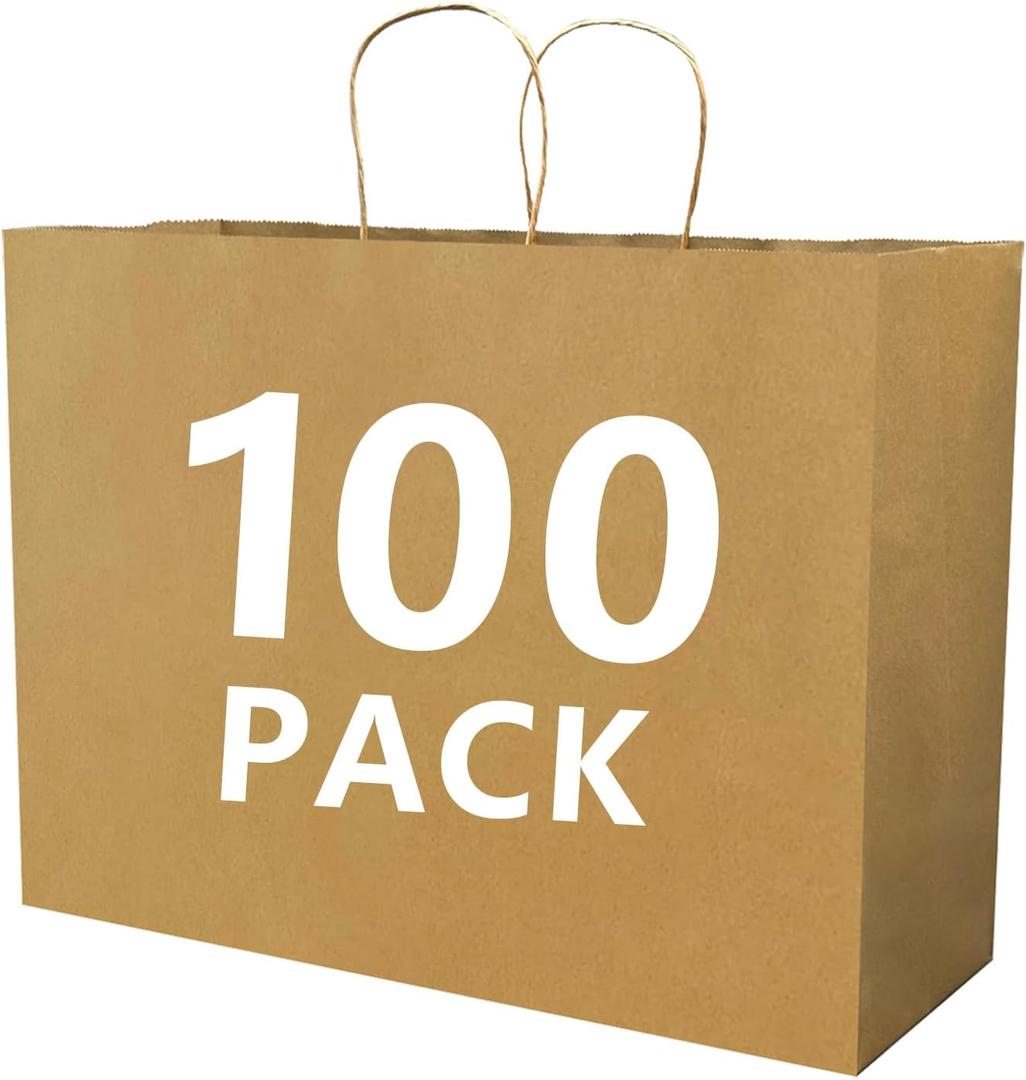 Vanhel 100 PCS Large Paper Bags with Handles 16 x 6 x 12 Inches,Large Gifts Bags with Handles bulk, Shopping Bags, Party, Retail, Merchandise, Favor, Recyclable
