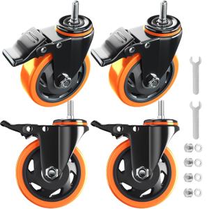 4 Inch Stem Caster Wheels Heavy Duty with Dual Locking 2000Lbs, Threaded Stem Casters 1/2" -13 x 1, Swivel Industrial Casters Set of 4, Wheels for Cart and Furniture, Orange