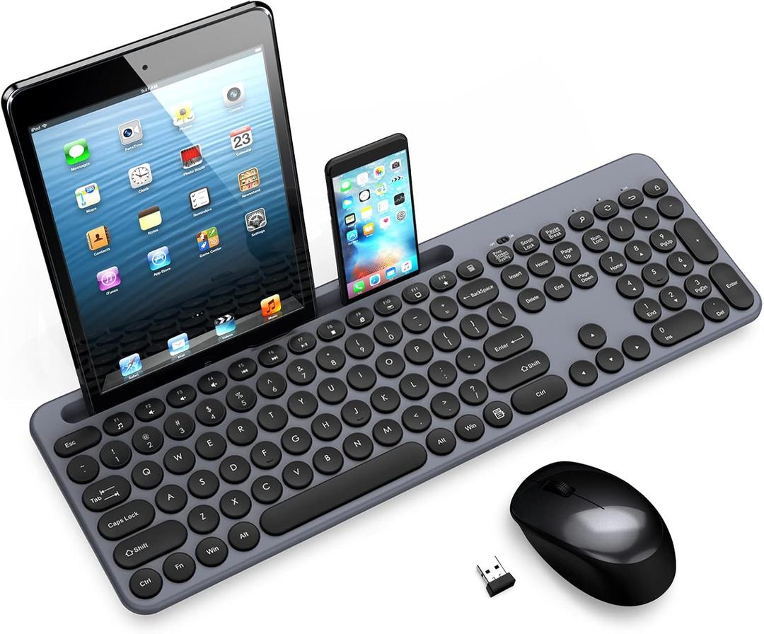 LeadsaiL Wireless Keyboard and Mouse Combo, Full-Sized Ergonomic Computer Keyboard with Phone Tablet Holder, 2.4GHz Silent Cordless Keyboard Mouse Set for Windows Laptop, PC, Desktop - Grey (Gray)