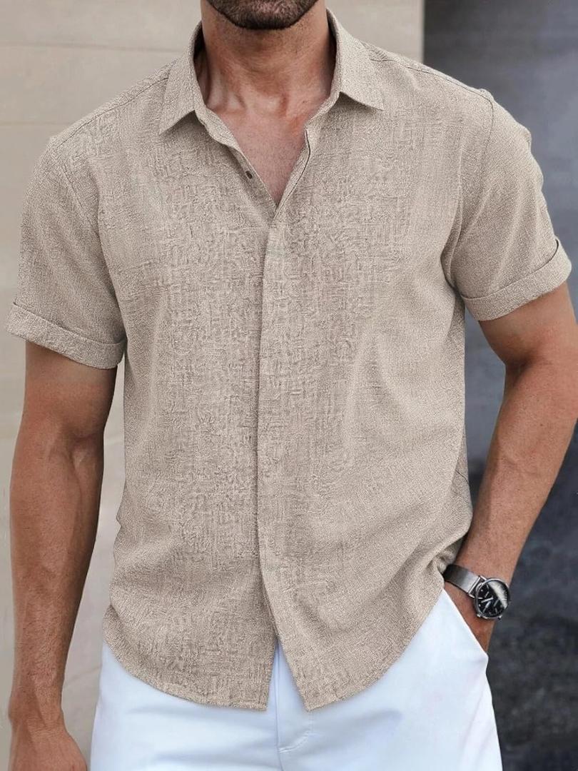 Men's Button Down Shirt Short Sleeve Casual Summer Beach Business Shirt (Beige, XXL)