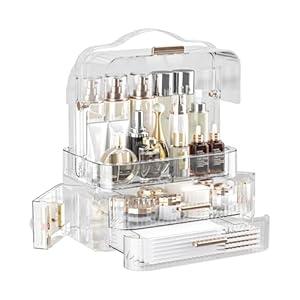 LINFIDITE Cosmetics Storage Box Transparent Lid Large Makeup Organizer Box Drawers Portable Handle Waterproof Dustproof Skincare Display Cases for Countertop, Bathroom, Dresser,Gift Clear 