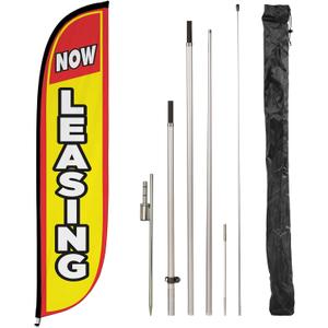 LookOurWay Feather Flag Pole Kit - 12 Feet Tall Advertising Flag Banner with Fiberglass Pole Kit and Ground Spike for Business Promotion - Real Estate Flags - Now Leasing Yellow
