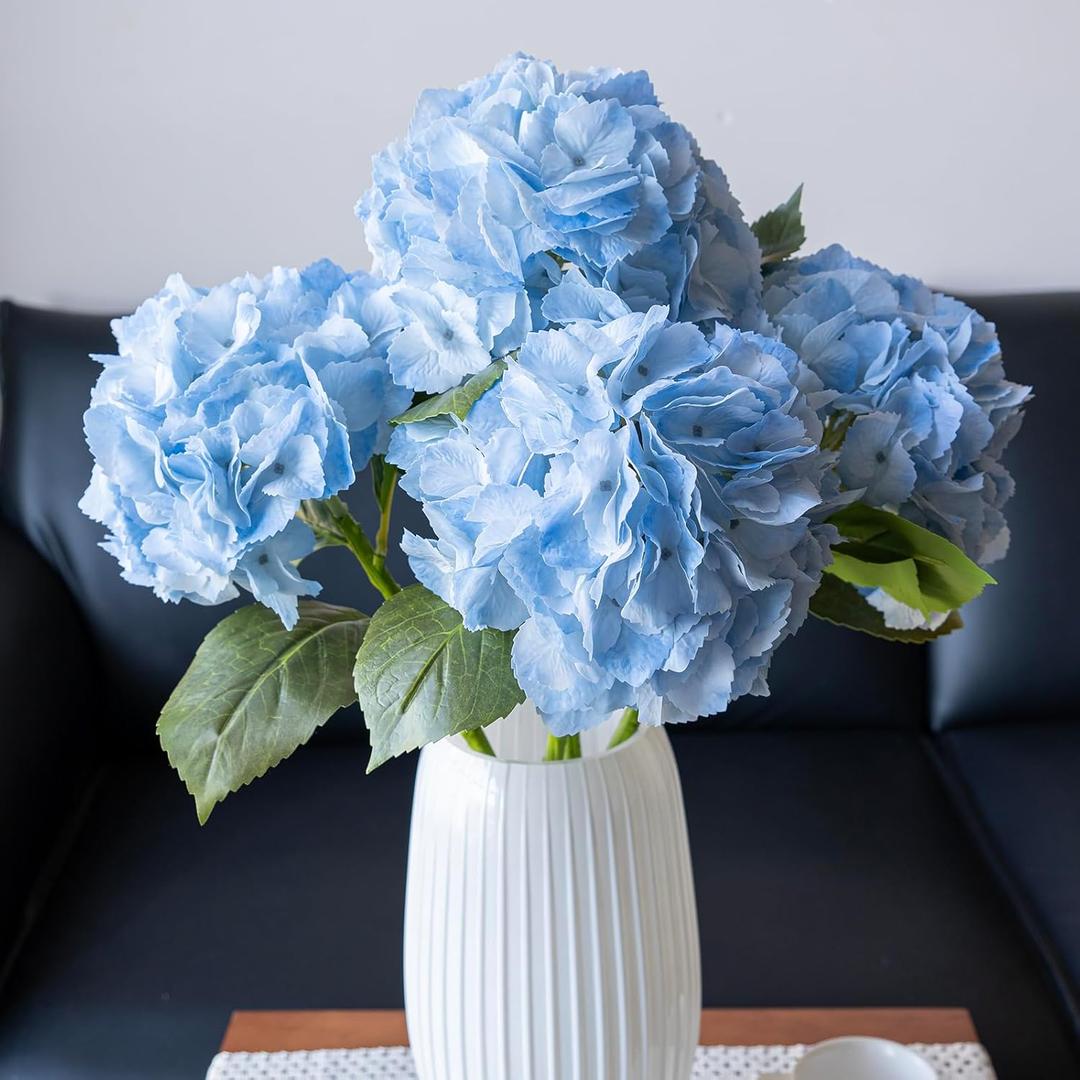 DUYONE 4pcs 22.4'' Realistic Large Artificial Hydrangea Flowers with Long Stem,Lifelike Latex Soft Flowers for Home Decor Wedding Arrangements Party Living Room Bouquets (4pcs Ice Blue)
