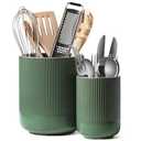 LE TAUCI Utensil Holder for Kitchen Counter, 7.3"+5.4" Fluted Ceramic Utensil Crock Organizer for Countertop, Heavy Large Holder for Spatulas, Spoons, Set of 2, Forest Green