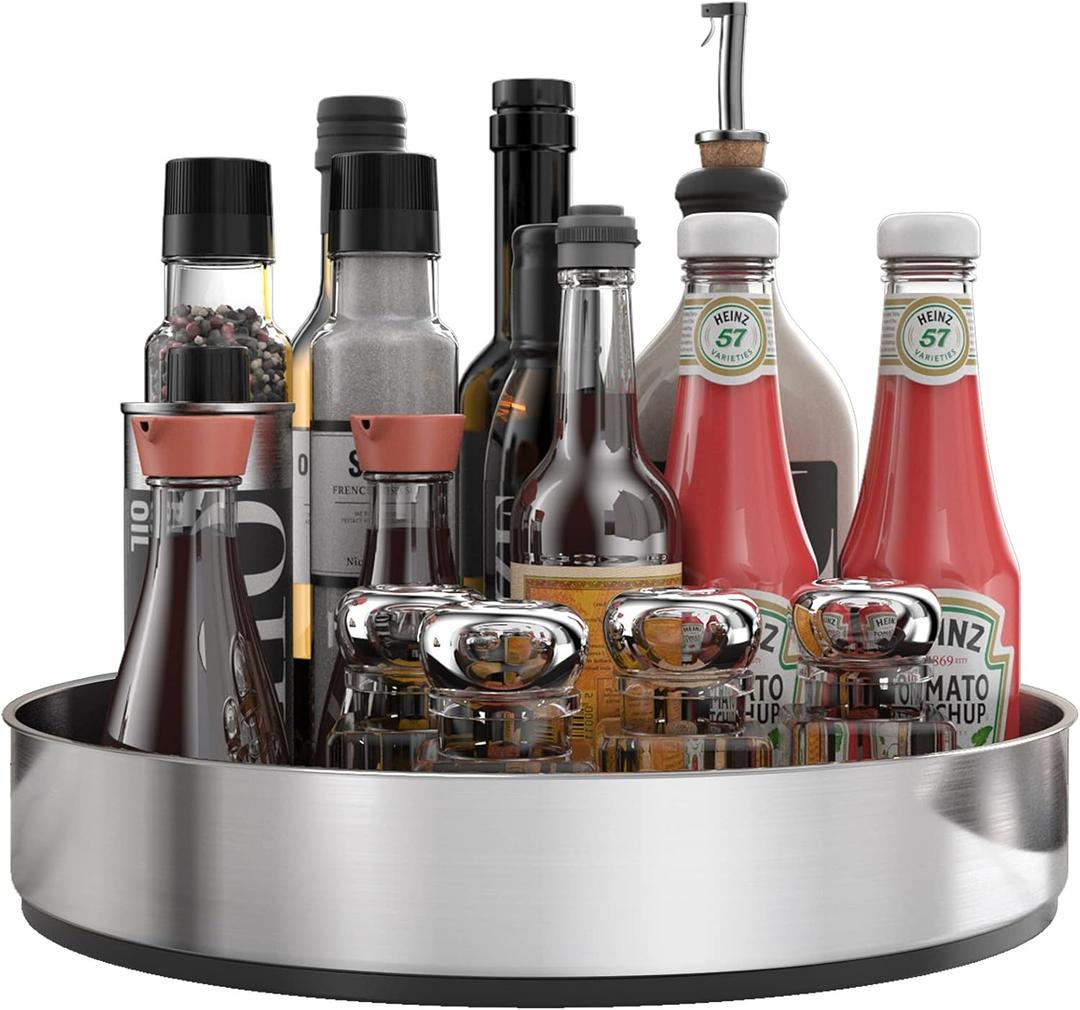 VAEHOLD Pantry Cabinet Lazy Susan Stainless Steel Black Spice Rack Turntable - Decorative Trays Storage Containers Organizer for Kitchen Cabinet, Snacks, Bathroom (10 inches) (9 4/5'', Silver)