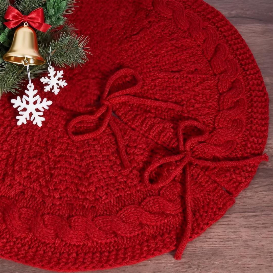 Small Tree Skirt for Tabletop Christmas Tree, Burgundy Cable Mini Tree Skirt with Lace-Up Tie Closure Vintage Farmhouse Christmas Decorations(Red,17.5)