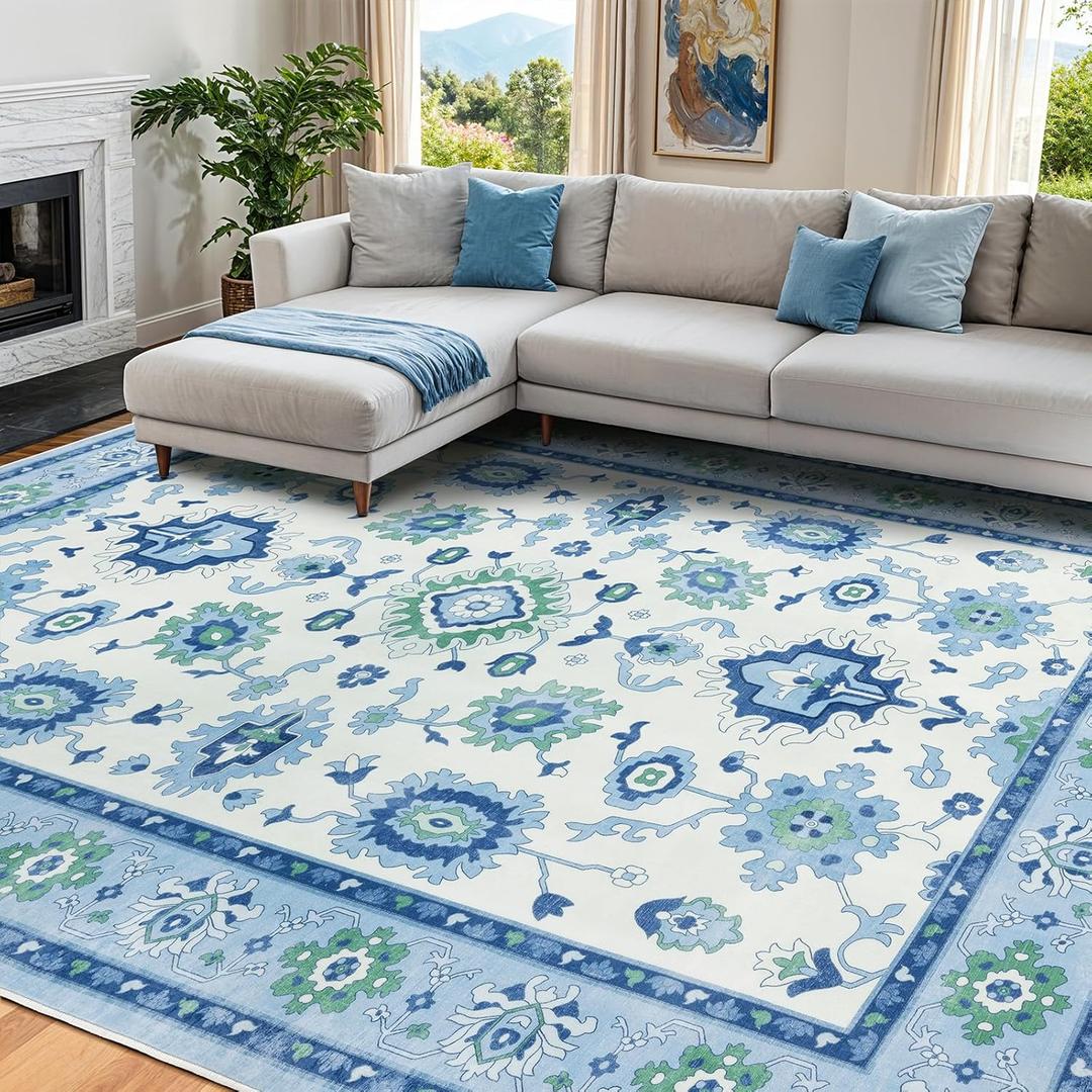 Uqocnh Vintage 8x10 Area Rug,Dark Boho Rug with NonSlip Backing, Ultra Soft Low Pile Carpet Machine Washable & Stain Resistant for Living Room, Bedroom, Office, Home Decor, Blue
