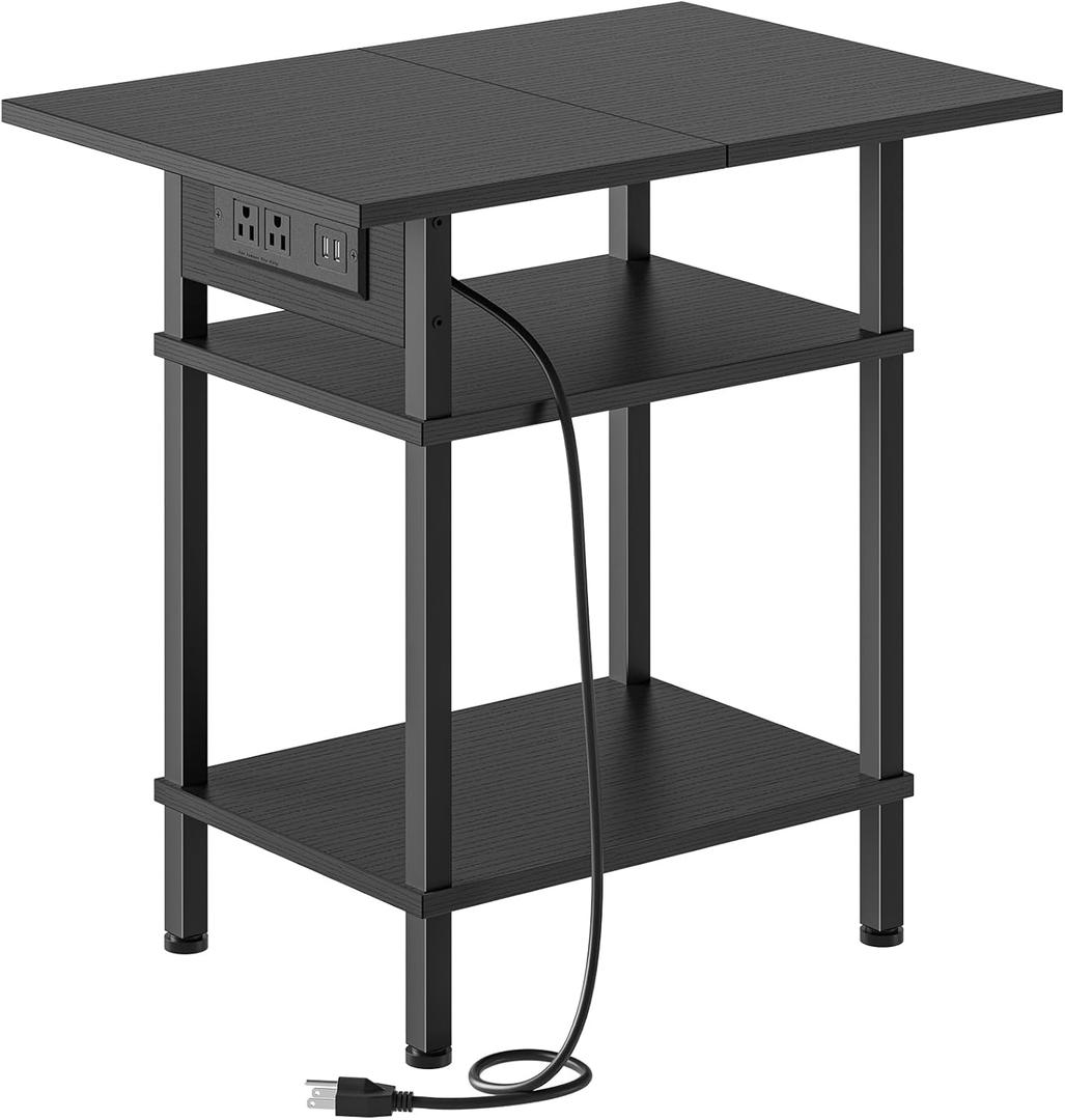 Asgolion Side Table with Charging Station, Skinny Nightstand with USB Ports and Outlets, 3 Tier Narrow End Table with Storage for Bedroom, Living Room, Office, Black