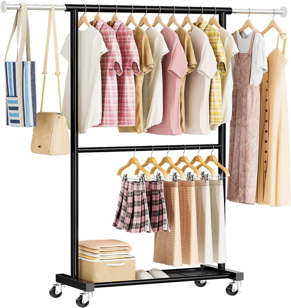 Standard Clothing Garment Rack, Rolling Clothes Organizer with Wheels and Bottom Shelves, Extendable, Black, M24GR001