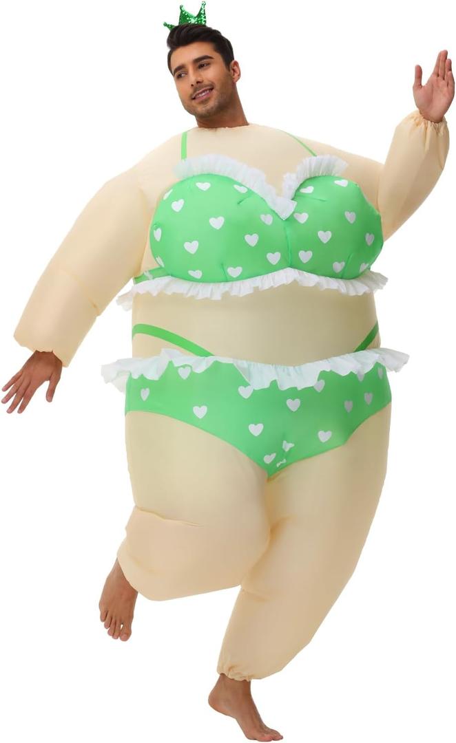 Inflatable Ballet Costumes for Adult Funny Blow up Fat Costume with Crown Headband Halloween Party Role Play (Green)