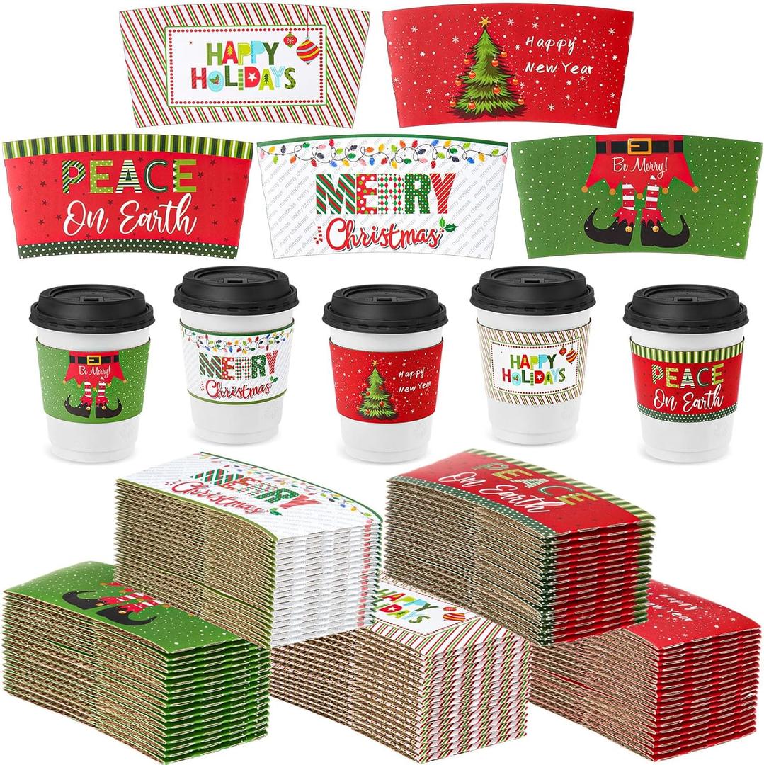 Remerry 125 Pack Winter Christmas Disposable Coffee Cup Paper Sleeves Xmas Santa Holiday Tea Hot Chocolate Cocoa Sleeves for 12oz 16oz Cups (Cute)
