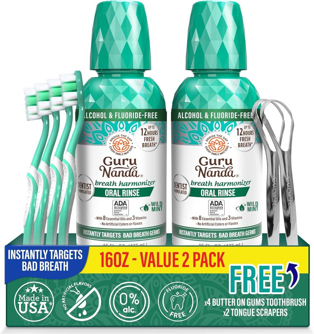 GuruNanda Fresh Breath Mouthwash, ADA-Accepted, Alcohol & Fluoride-Free, Sodium Chlorite, Essential Oils & Vitamins, 12-Hrs Fresh Breath, Wild Mint, 16 oz - 2 Pack