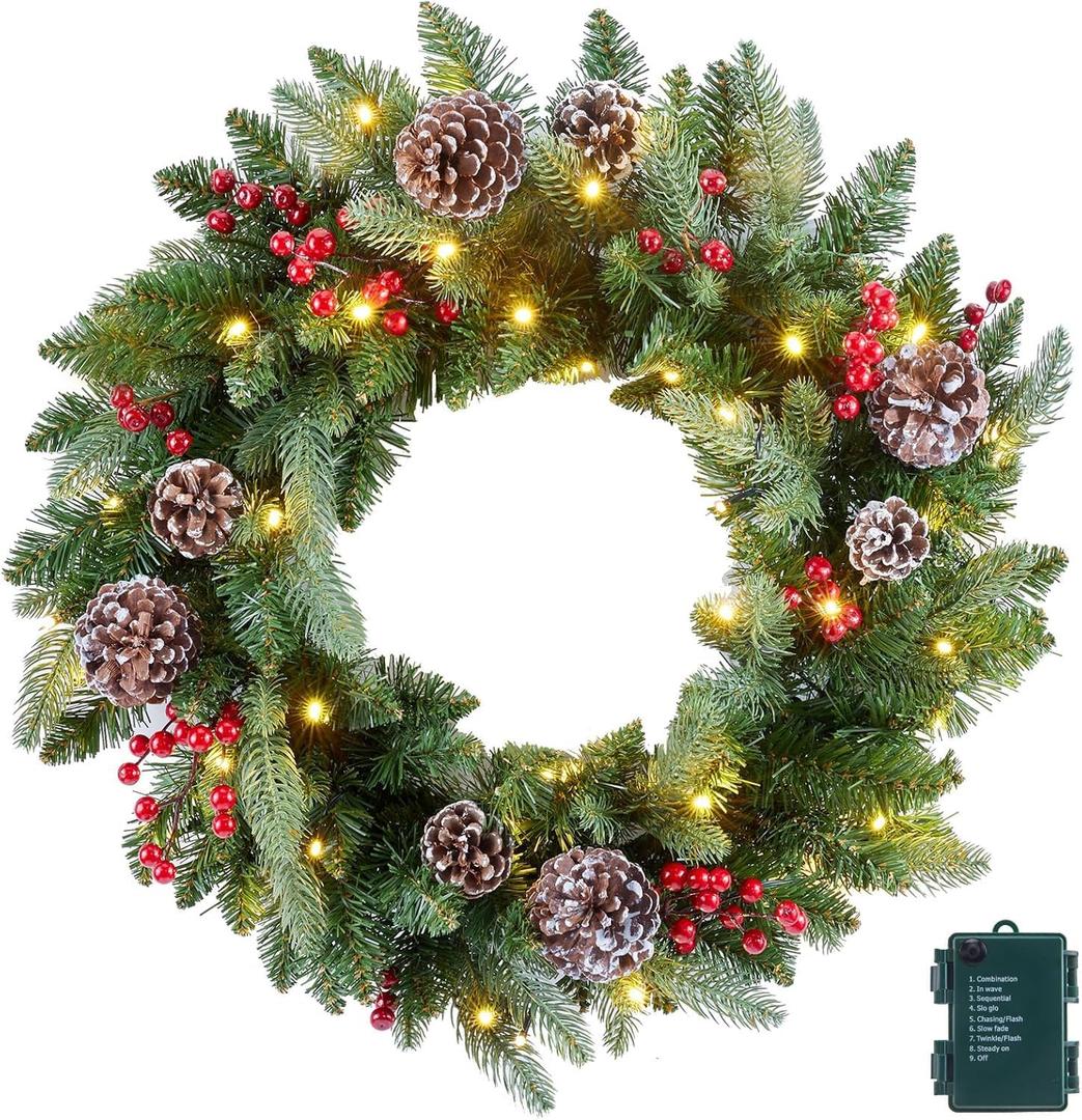 24 Inch Prelit Christmas Wreath, Artificial Christmas Wreath for Front Door with LED Lights, Pine Cones, Pine Needles, and Red Berries, Reef for Door Window Mantel Indoor/Outdoor Home Decoration
