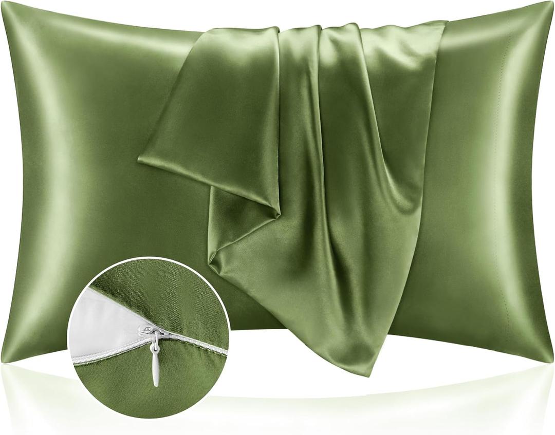 BEDELITE Satin Pillowcase with Zipper 2 Pack, Cedar Green Pillow Cases Standard Size, Super Soft and Cooling Similar to Silk Pillow Cases, Gift for Women Men(20x26 Inches)