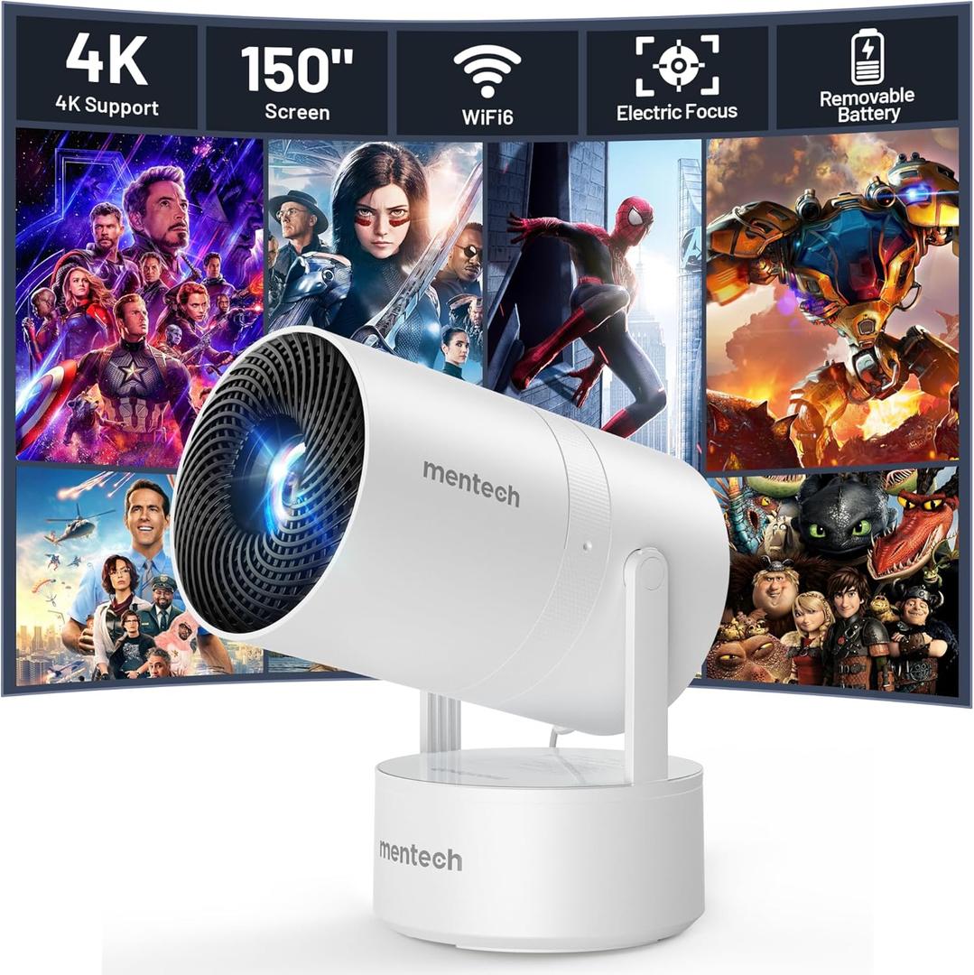 Mini Projector with WiFi & Bluetooth, Auto Keystone & Electric Focus, 270 Rotation Rechargeable Portable Outdoor Projector, Native 1080P 4K Supported for Home Theater & Camping (Iron White)